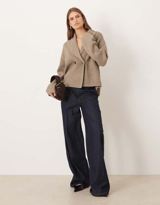 Pretty Lavish ribbed knit fold over collared cardigan in mushroom, 2 of 4