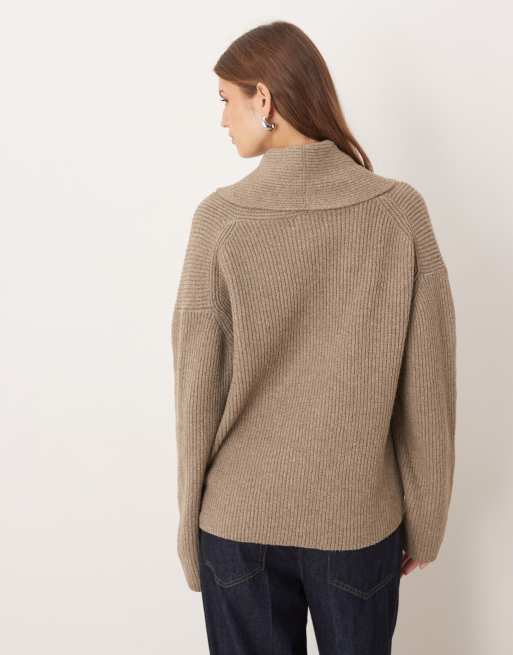 Pretty Lavish ribbed knit fold over collared cardigan in mushroom, 3 of 4
