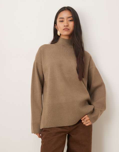 Pretty Lavish ribbed knit high neck jumper in taupe - view 1