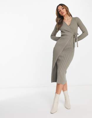 Pretty Lavish Ribbed Plisse Wrap Midi Dress In Taupe Knit-neutral