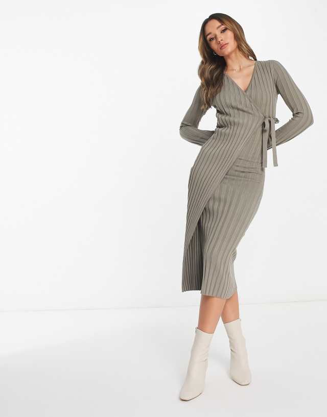 Pretty Lavish ribbed plisse wrap midi dress in taupe knit