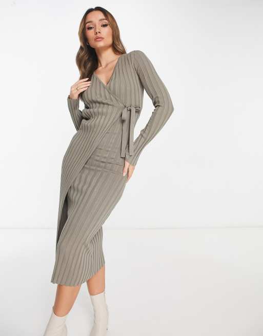 Pretty Lavish ribbed plisse wrap midi dress in taupe knit