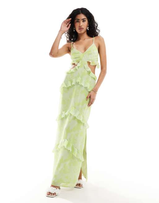 Pretty Lavish – Rinna – Sukienka maxi z falbankami i wycięciami w kolorze limetkowym w kwiatowy wzór – tylko w ASOS