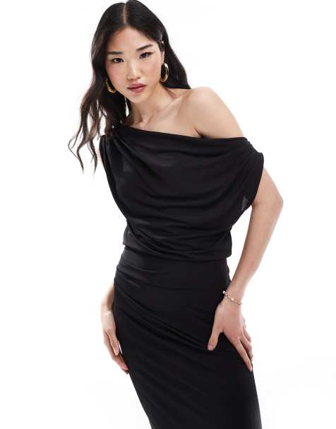 Pretty Lavish - Robe asymétrique longueur mollet à fronces - Noir - view 1