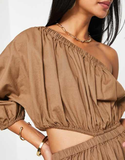 Pretty Lavish - Robe babydoll asymétrique longueur mollet à découpe - Marron, 3 de 4