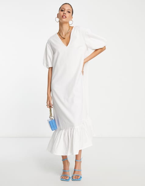 Pretty Lavish - Robe babydoll longueur mollet à manches ballon - Blanc - view 1