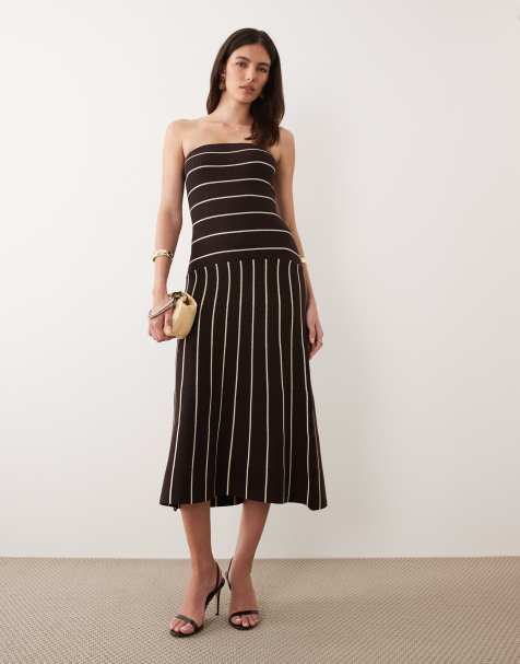 Pretty Lavish - Robe bandeau mi-longue en maille à rayures - Marron et crème - view 1
