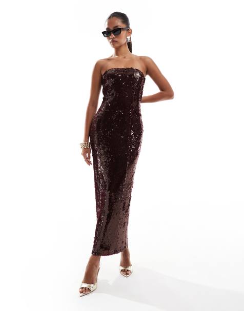 Pretty Lavish - Robe bustier longueur mollet ornée de sequins - Bordeaux - view 1
