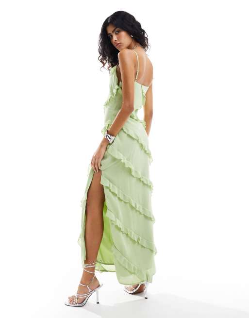 Pretty Lavish - Robe caraco asymétrique longueur mollet à volants - Pistache