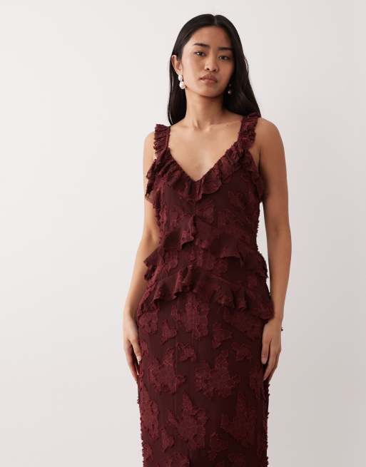 Pretty Lavish - Robe caraco longue en dévoré à volants - Rouge acajou, 3 de 4