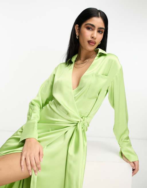 Pretty Lavish Robe chemise coupe portefeuille longueur mollet Vert pomme