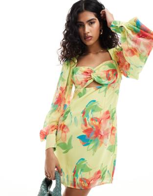 Pretty Lavish twist balloon sleeve mini dress in lemon floral - ASOS Price Checker