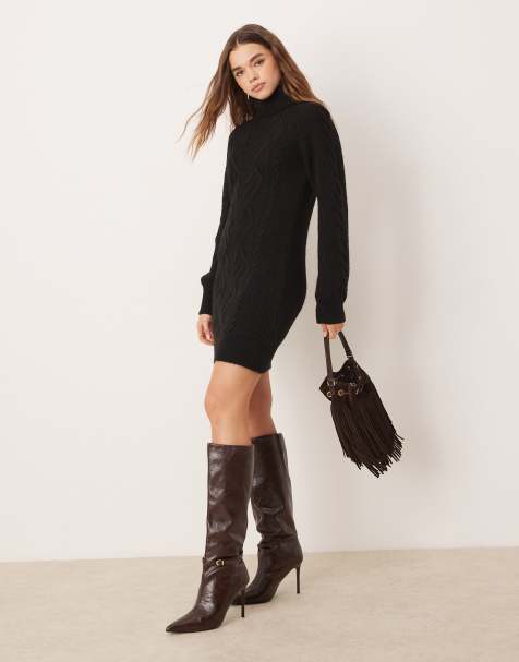 Pretty Lavish - Robe courte en maille torsadée à col roulé - Noir - view 1