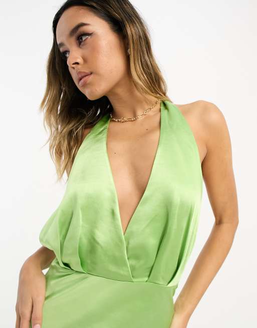 Pretty Lavish Robe dos nu longueur mollet en satin Vert pomme