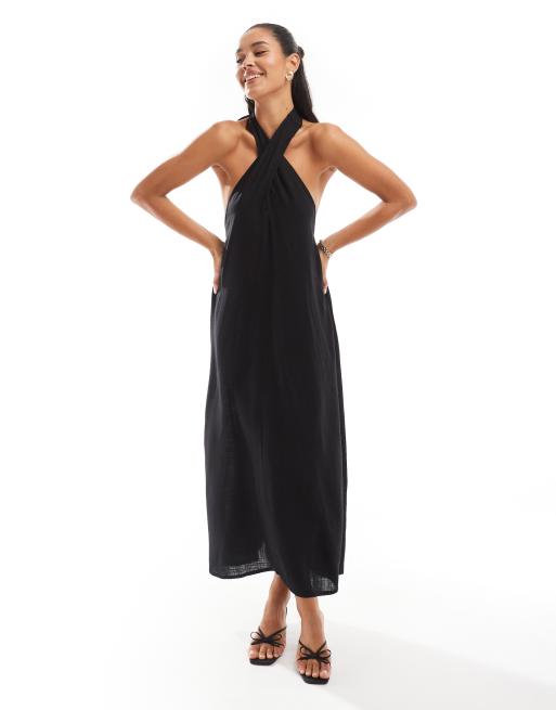 Pretty Lavish - Robe droite longueur mollet avec encolure croisée - Noir