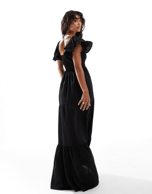 Pretty Lavish Robe empire froncee longue a manches volantees Noir ASOS