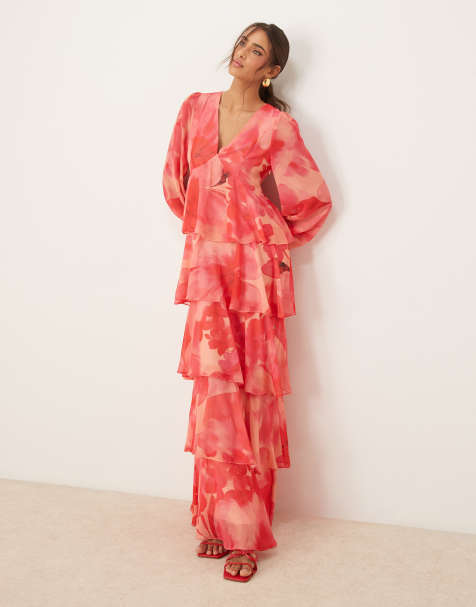 Pretty Lavish - Robe longue à manches ballon et volants - Rose et rouge - view 1