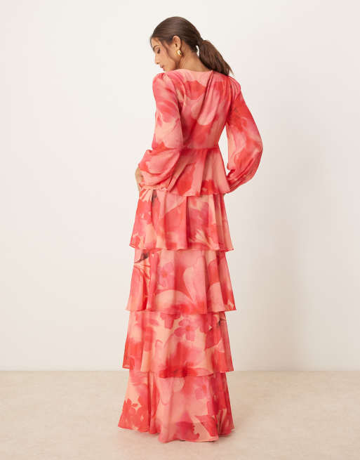 Pretty Lavish - Robe longue à manches ballon et volants - Rose et rouge, 2 de 4