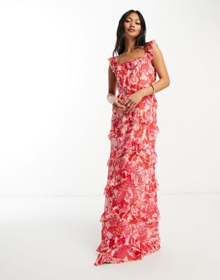 Pretty Lavish - Robe longue à volants avec encolure carrée et imprimé fleurs - Rouge et rose