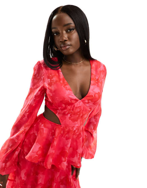 Pretty Lavish - Robe longue à volants et découpe - Imprimé fleurs rose et rouge, 3 de 4