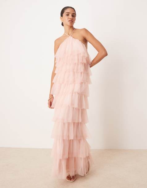 Pretty Lavish - Robe longue à volants étagés en tulle à dos nu - Rose pivoine - view 1
