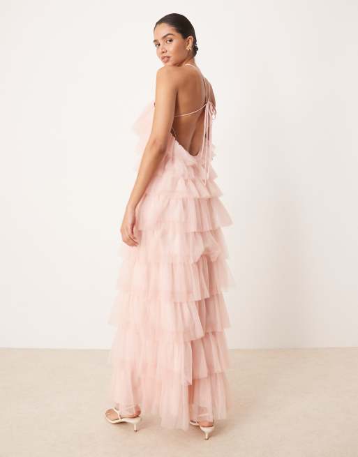 Tulle Robe Longue Dos Nu Rose Robe De Demoiselle D'honneur En
