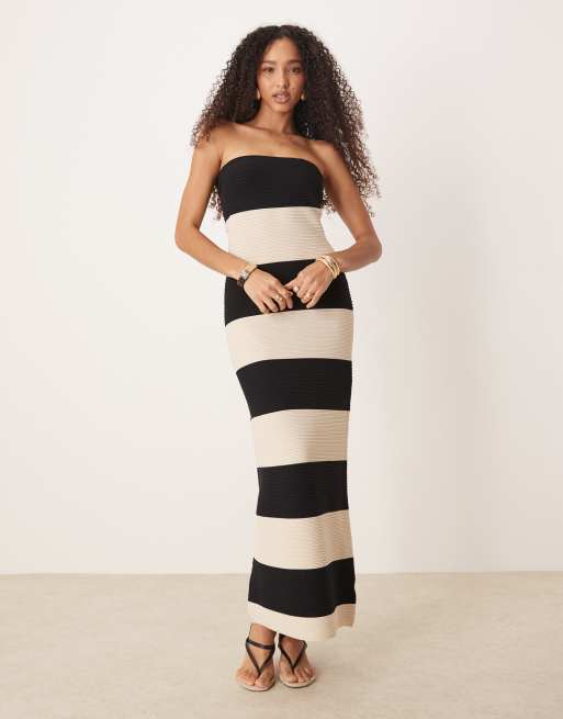Pretty Lavish - Robe longue bandeau rayée en maille crochetée - Noir et taupe, 2 de 4