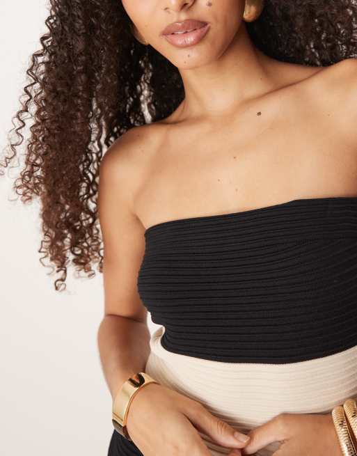 Pretty Lavish - Robe longue bandeau rayée en maille crochetée - Noir et taupe, 3 de 4
