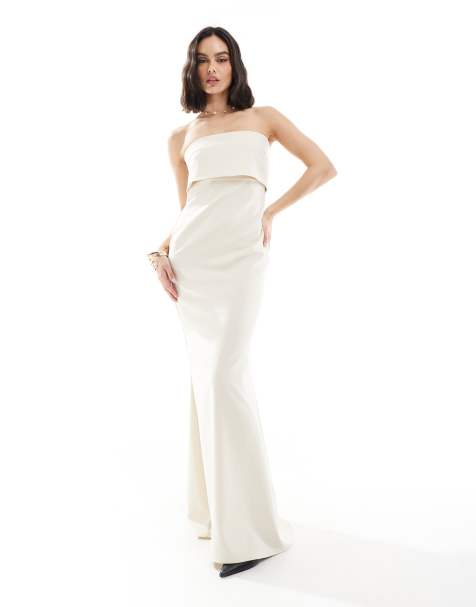 Pretty Lavish - Robe longue de demoiselle d'honneur en crêpe avec encolure bandeau effet superposé - Crème - view 1