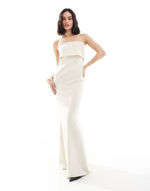 Pretty Lavish - Robe longue de demoiselle d'honneur en crêpe avec encolure bandeau effet superposé - Crème