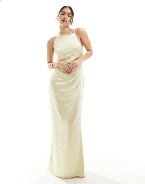 Pretty Lavish - Robe longue de demoiselle d'honneur en satin avec encolure bateau - Jaune citron - view 1