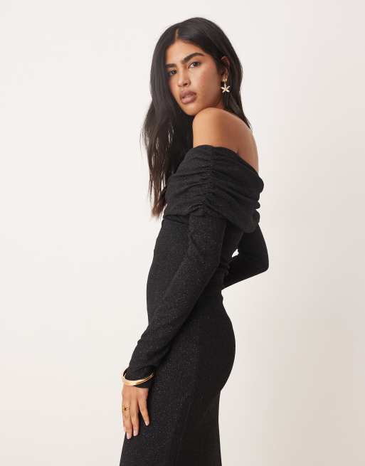 Pretty Lavish - Robe longue en jersey avec encolure bardot - Noir, 4 de 4