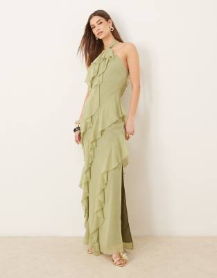 Pretty Lavish - Robe longue en mousseline à volants texturés - Olive - view 1