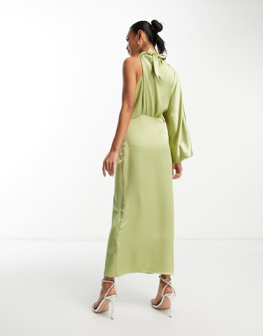 Pretty Lavish - Robe longue satinée asymétrique - Olive, 3 de 4