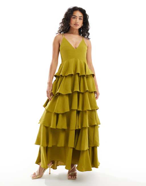 Pretty Lavish - Robe longue texturée à volants étagés - Chartreuse