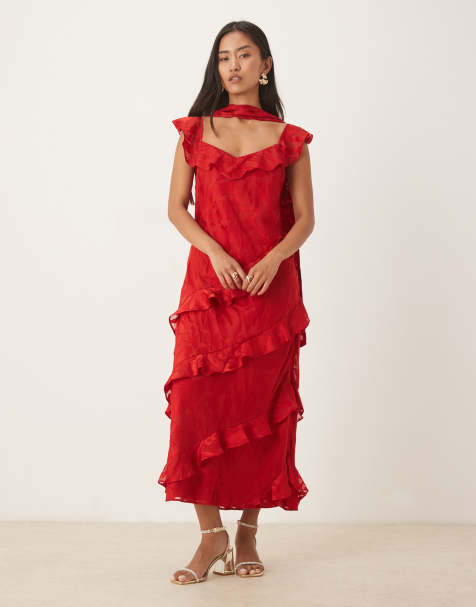 Pretty Lavish - Robe longue volantée en dévoré à foulard - Rouge - view 1