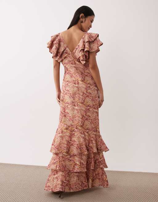 Pretty Lavish - Robe longue volantée en lin mélangé à col V et imprimé baies abstrait, 2 de 4