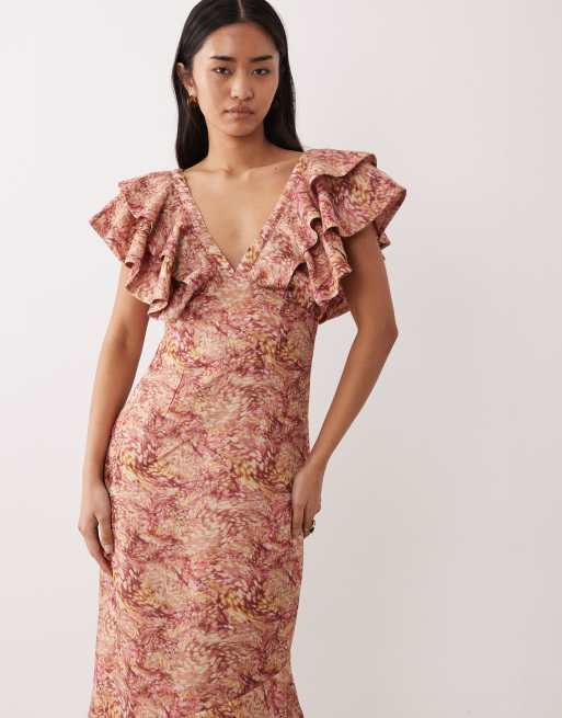 Pretty Lavish - Robe longue volantée en lin mélangé à col V et imprimé baies abstrait, 3 de 4