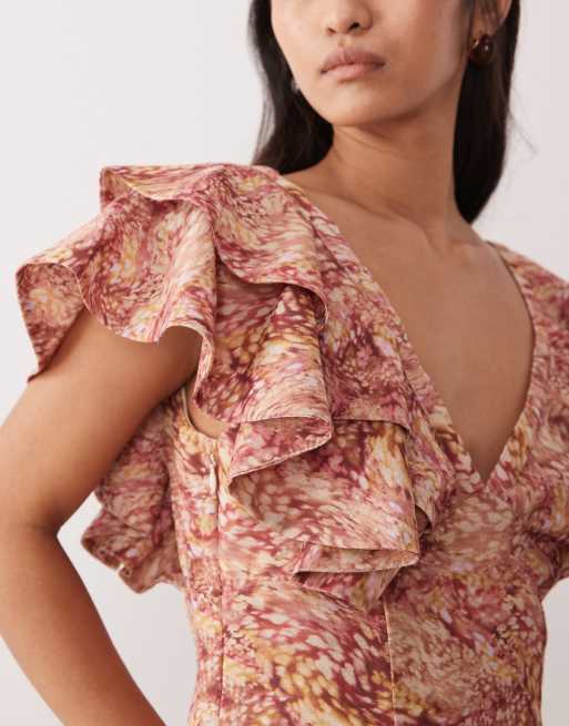 Pretty Lavish - Robe longue volantée en lin mélangé à col V et imprimé baies abstrait, 4 de 4