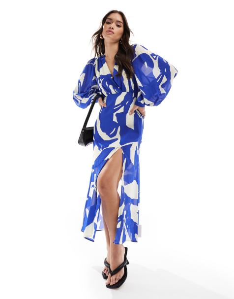 Pretty Lavish - Robe longueur mollet à dos ouvert et manches ballon - Bleu de cobalt - view 1