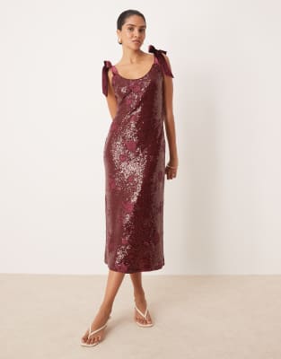 Robe longueur mollet à sequins avec naud sur les épaules - Prune fleuri-Rouge 34