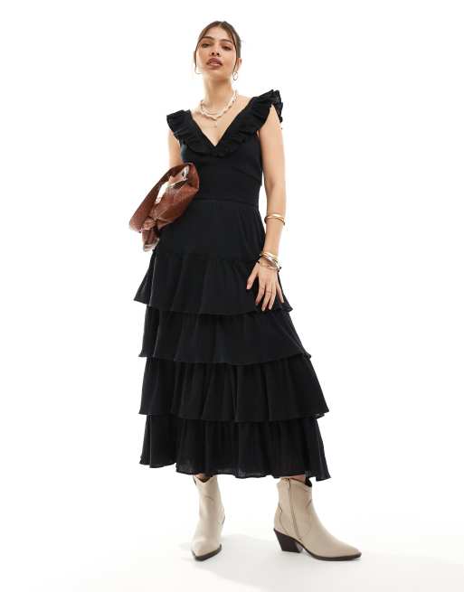 Pretty Lavish - Robe longueur mollet à volants en coton mélangé - Noir