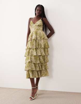 Robe longueur mollet à volants - Vert à imprimé abstrait 40