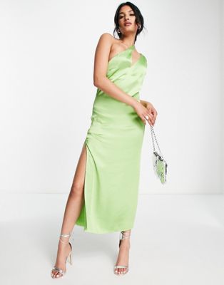 Pretty Lavish cut out asymmetric satin midaxi dress in green - ASOS Price Checker