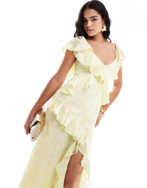 Pretty Lavish - Robe longueur mollet en jacquard à fleurs et volants - Beurre citron, 2 de 4