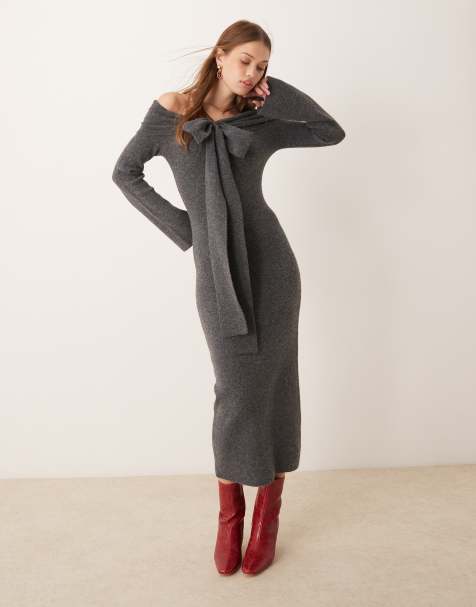 Pretty Lavish - Robe longueur mollet en maille avec encolure Bardot à détail noué - Anthracite - view 1