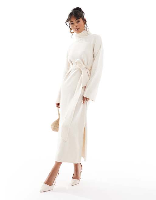 Pretty Lavish - Robe longueur mollet en maille nouée à la taille - Crème