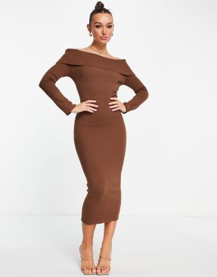 Pretty Lavish bardot knitted midaxi dress in chocolate brown - ASOS Price Checker