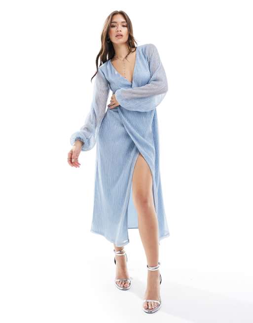 Pretty Lavish - Robe longueur mollet plissée nouée sur le devant - Bleu métallisé