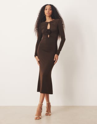 Robe longueur mollet près du corps à détail fleur et fente goutte d'eau - Marron-Brown 42